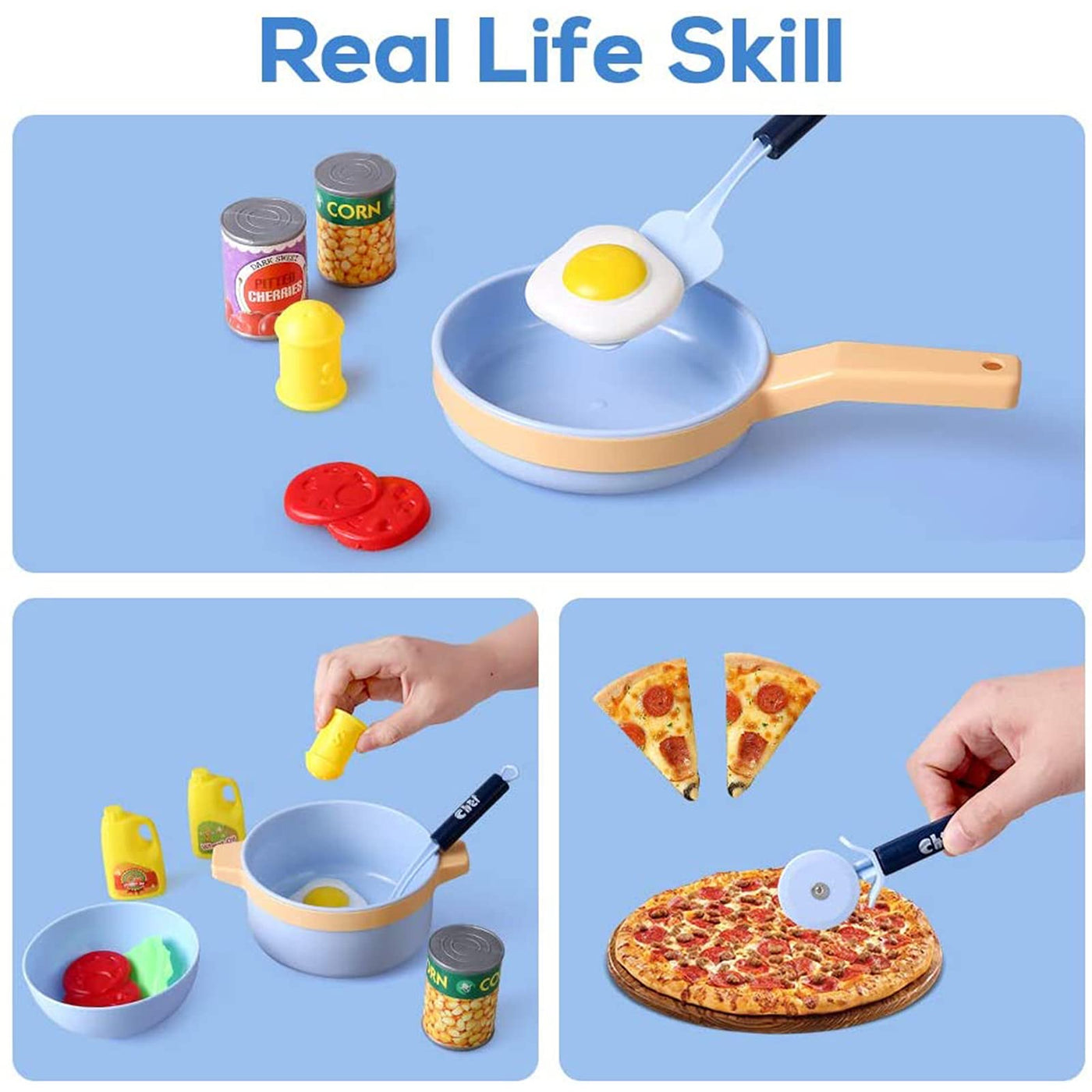 Children's kitchen toy, food toy with pots pans kitchen utensils and food accessories, kitchen role play toy