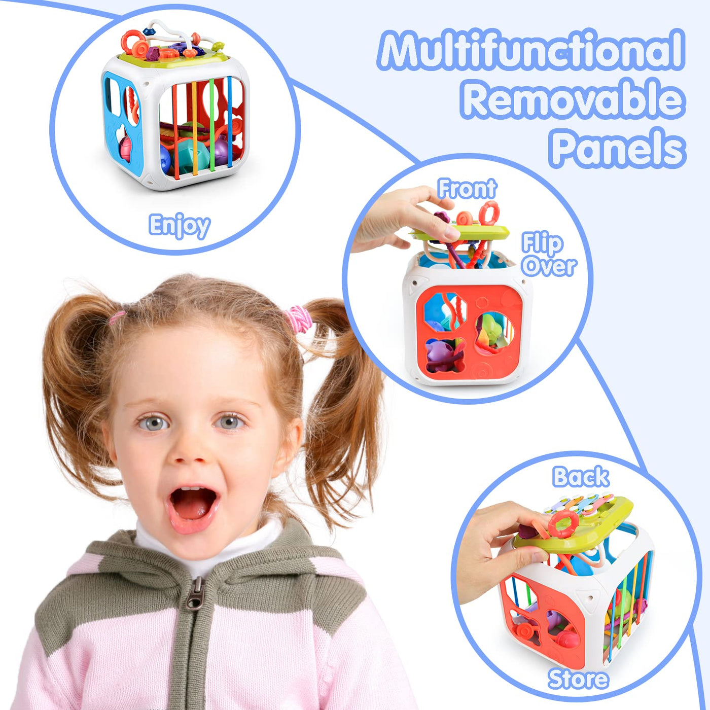 Baby sensory toy with colorful cube, shape sorting stacking toy motor skills learning gift