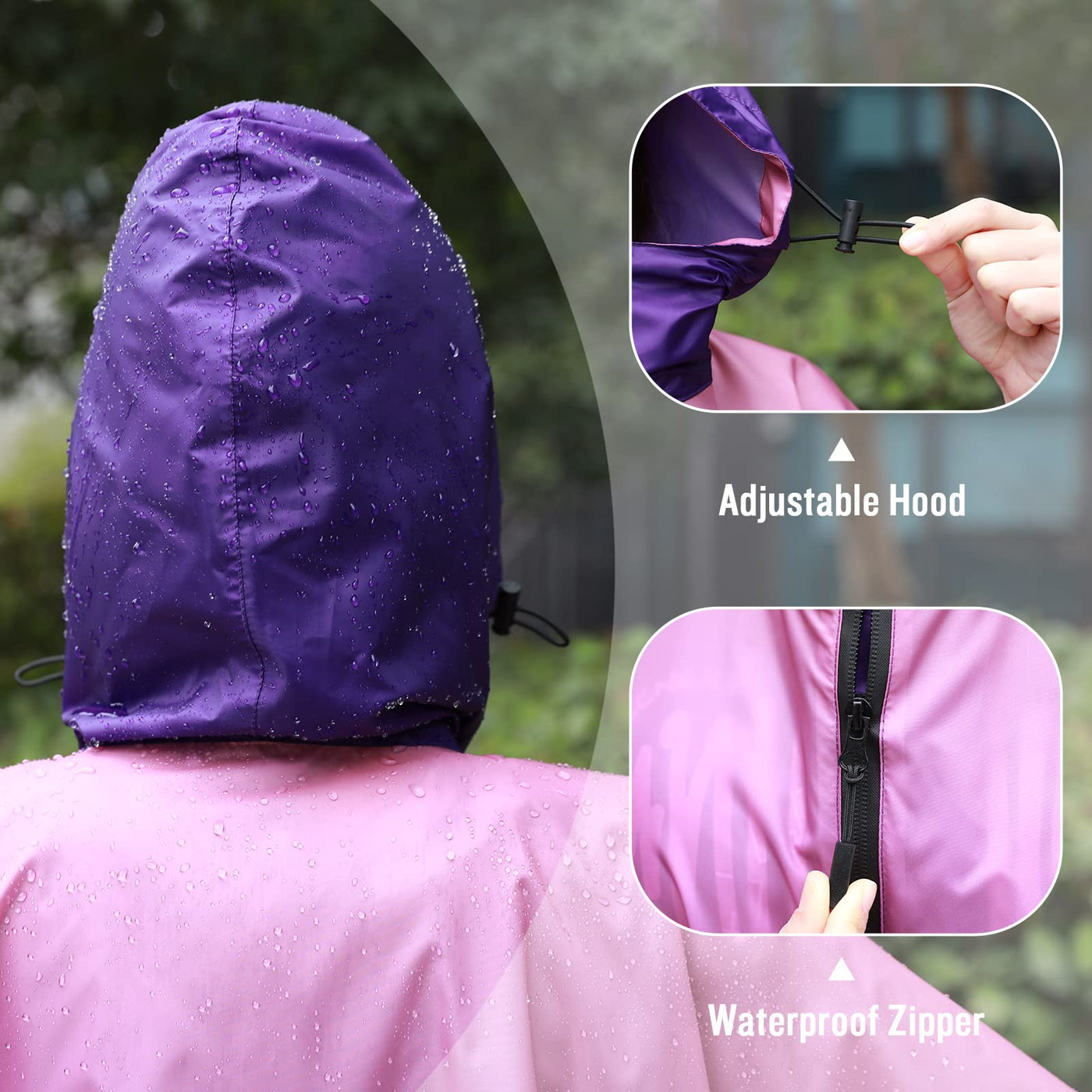 Rain cape with hood zipper, reusable raincoat, rain poncho bike hiking