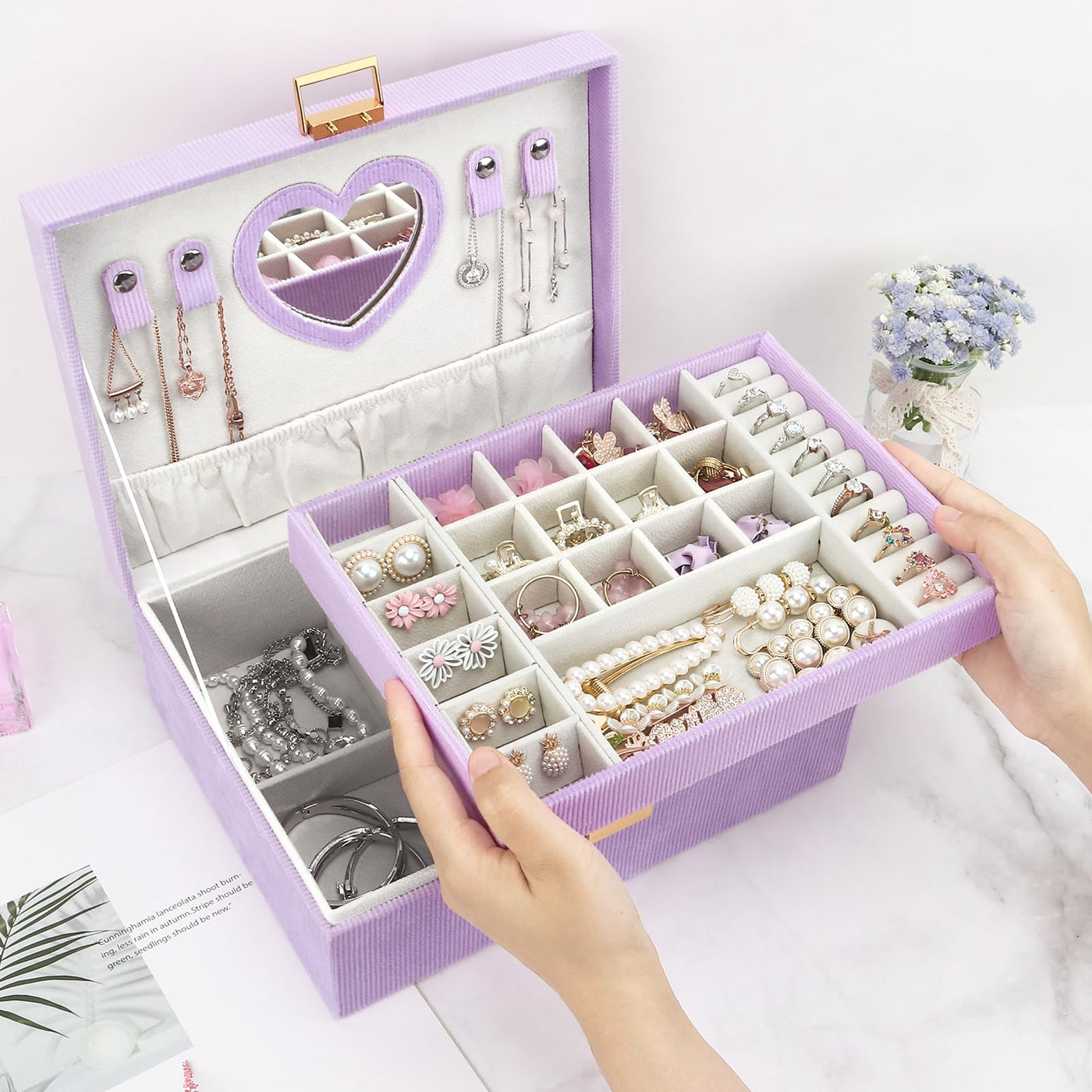 Boîte à bijoux, grande boîte à bijoux avec miroir pour boîte à bijoux en velours