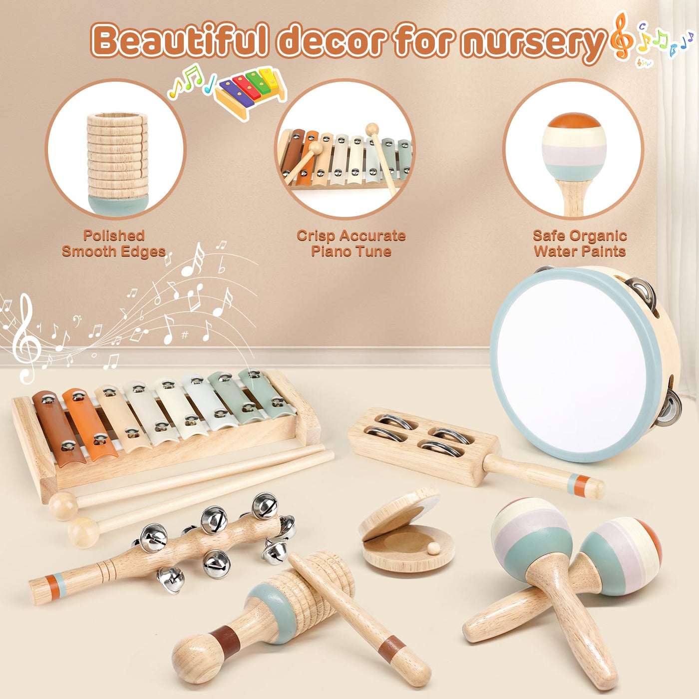 Instruments de musique pour enfants en bas âge, instruments de musique en bois aux couleurs neutres pour les enfants en bas âge