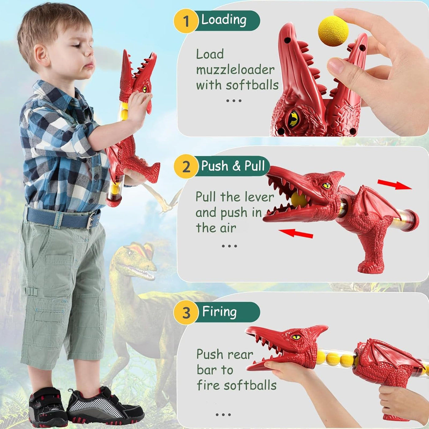 Dinosaur Shooting Toy with 2 Air Shooting Guns, Movable Shooting Toy Guns Target with 72 Foam Balls with Spray Function, LED Counter, Sound