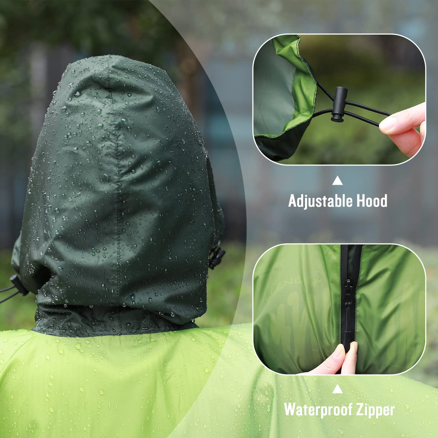 Rain cape with hood zipper, reusable raincoat, rain poncho bike hiking