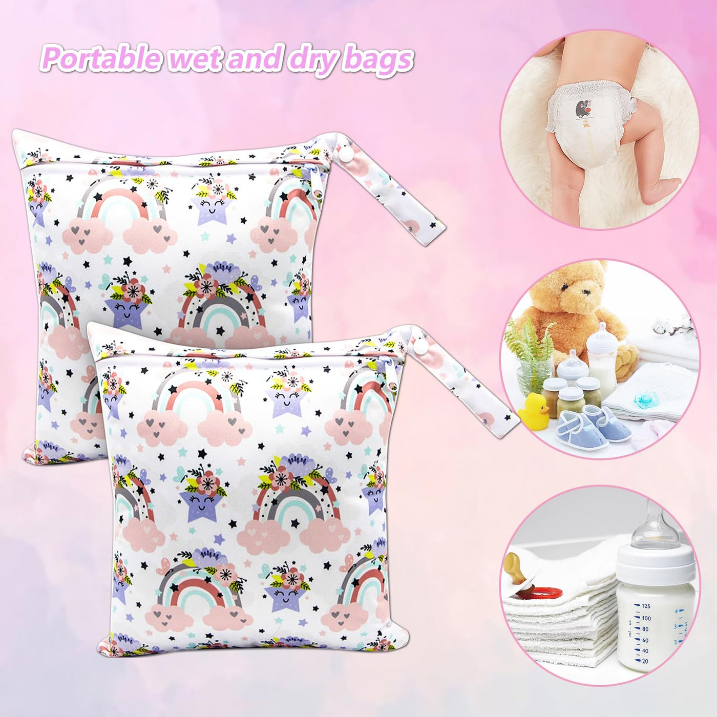 Lot de 2 sacs à couches, sacs à linge humide, sacs à linge sale, sacs à linge humide imperméables, sacs à couches pour bébés, natation, camping, voyage, gymnastique, entraînement, plage, arc-en-ciel, pochette supplémentaire
