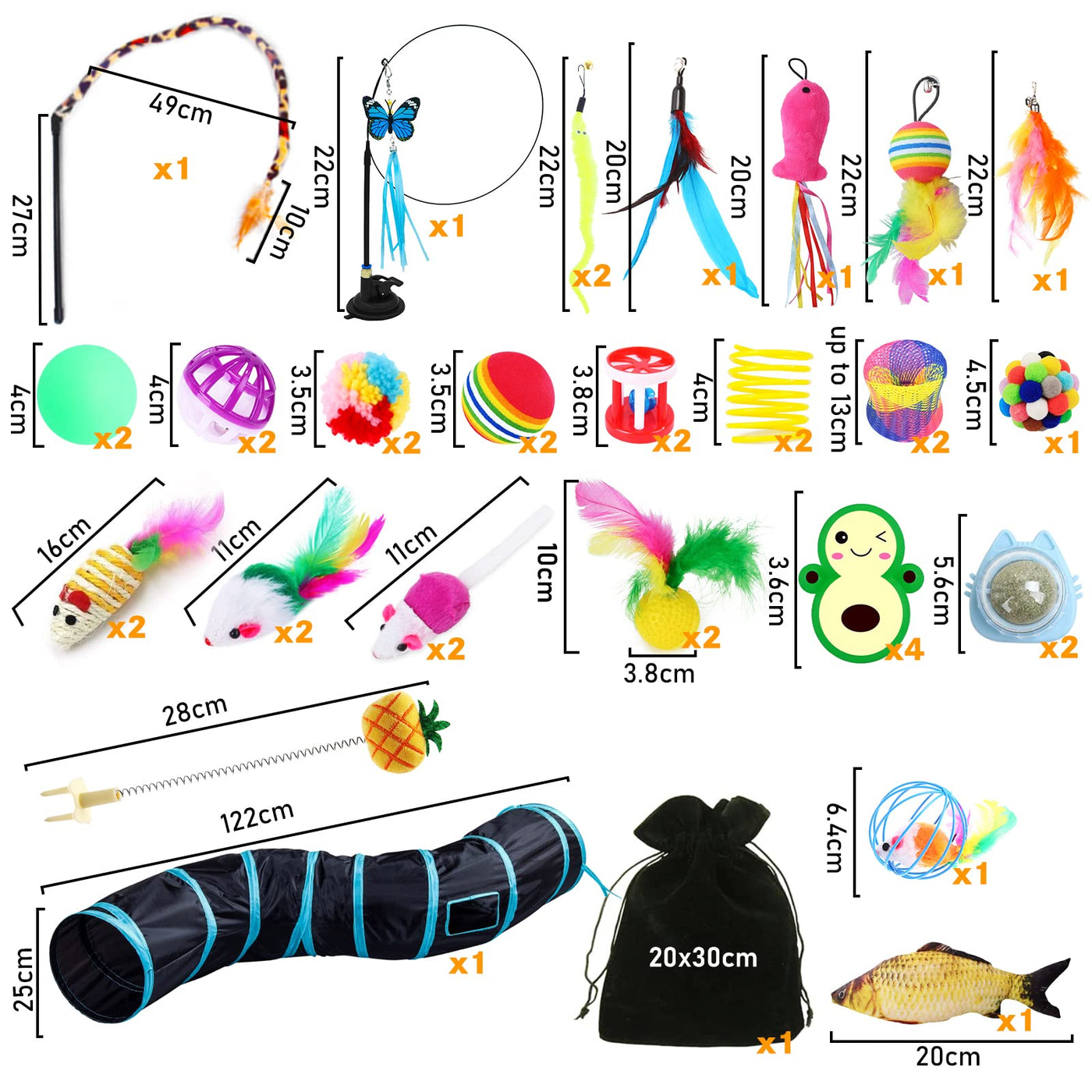 Ensemble de Jouets pour Chat avec Tunnel pour Chat, Ensemble de Jouets pour Chat de 42 Pièces, avec Balles, Jouet en Plumes, Chats Souris Jouets, Herbe à Chat, Poisson, Tunnel pour Chat à 2 Voies