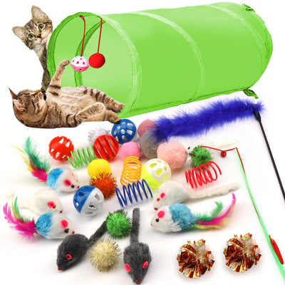 Pack de 31 Jouets pour Chat avec Tunnel pour Chat, Balles, Jouet pour Chat, Souris, Jouet en Plumes, Peluche, Jouet Interactif pour Chat pour Chats, Accessoires pour Chat