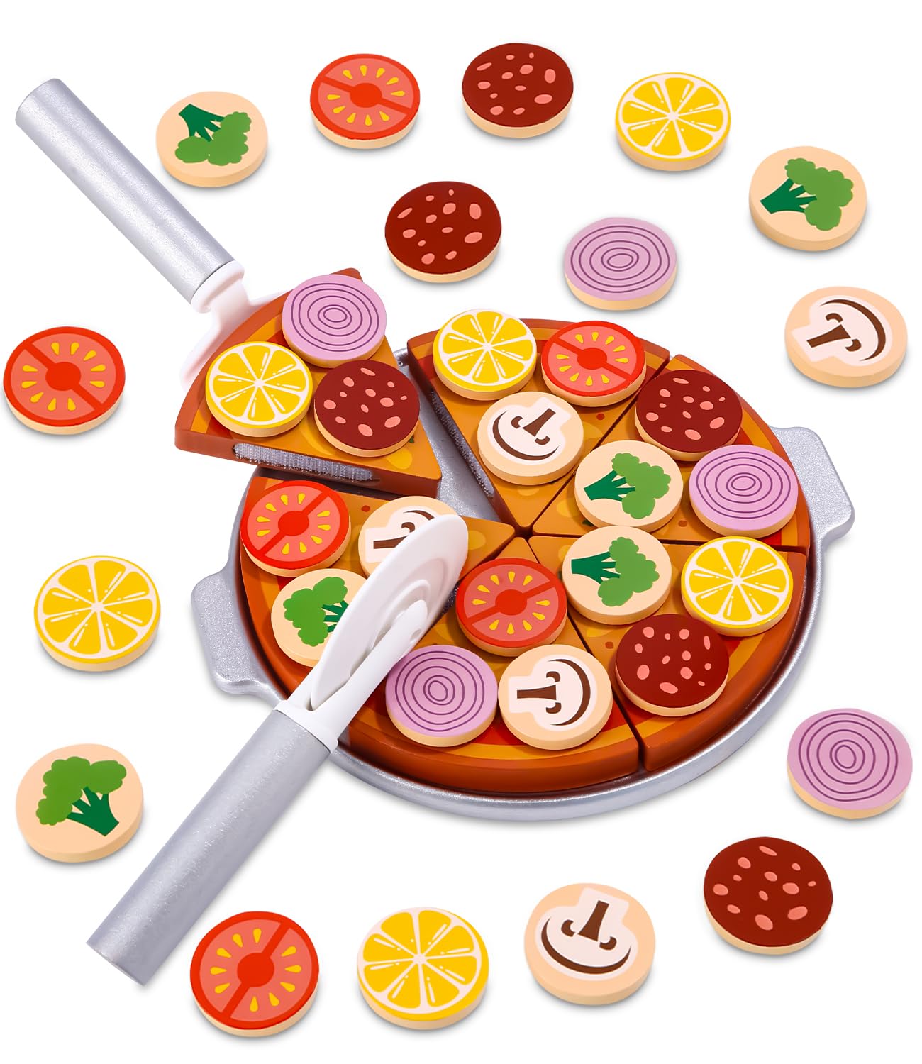 Wooden pizza for children with cutting board, pizza cutter