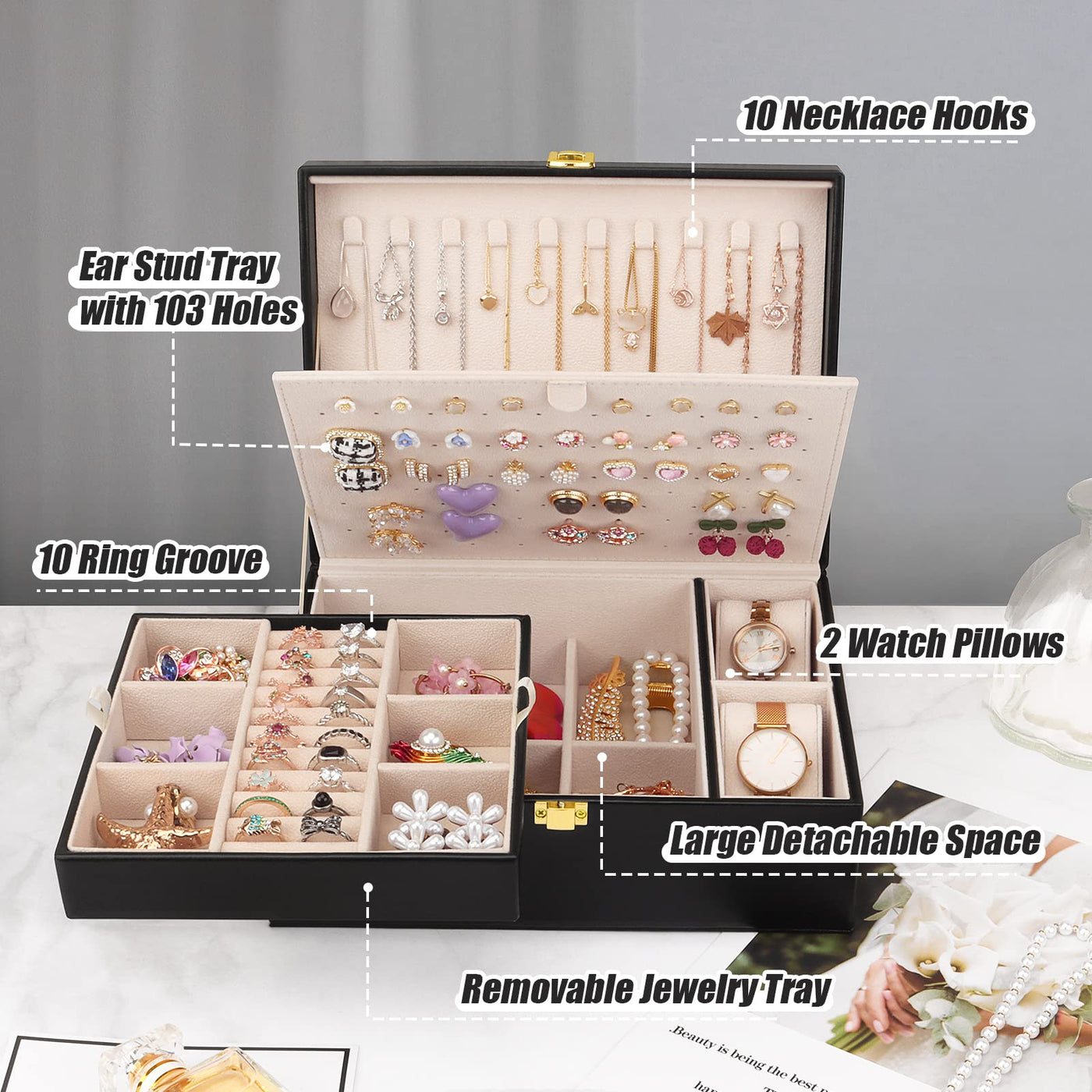 Jewelry box for necklaces, earrings, bracelets, rings, watches, with removable