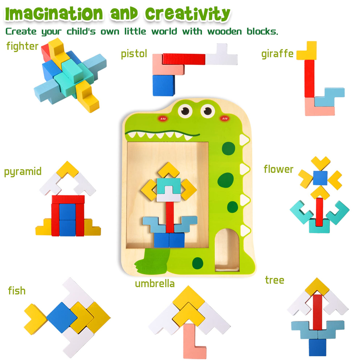 Multifunctional toy 3D piecing bricks tangram puzzle wooden toy 3-in-1 pattern blocks brain teasers brain training