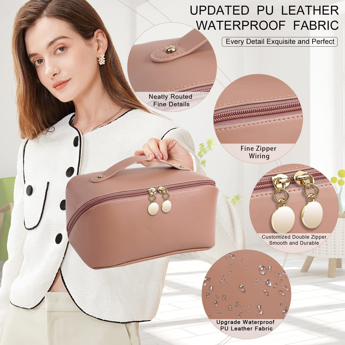 Sac cosmétique de voyage, trousse de beauté en cuir PU, grande trousse de maquillage