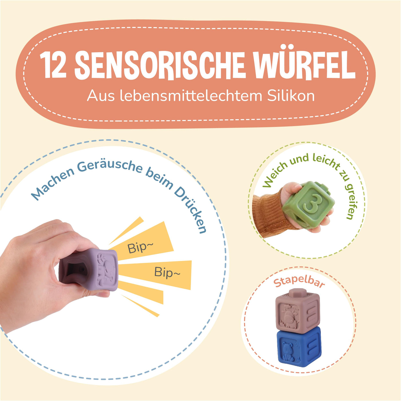 Jouets pour bébés et enfants en silicone - 12 cubes d'activités sensorielles - développement précoce et dentition