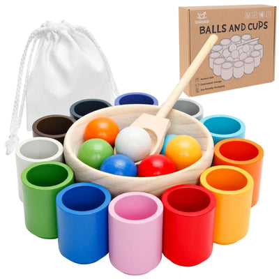 Wooden sorting stacking toy, balls rainbow wooden balls in cups, baby toys for preschool for color sorting and counting