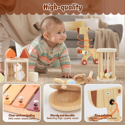 Instruments de musique en bois 8-en-1, y compris blocs de construction à empiler, xylophone et autres jouets