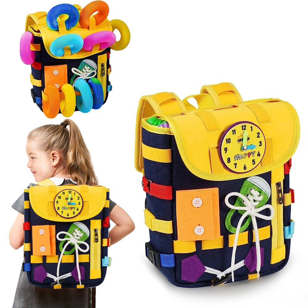 Backpack for toddlers with buckles zippers, -sensory toys, learning activity through play, can be stored and carried on the back, travel toy backpack