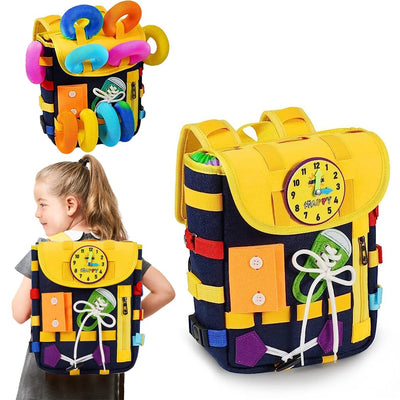 Backpack for toddlers with buckles zippers, -sensory toys, learning activity through play, can be stored and carried on the back, travel toy backpack