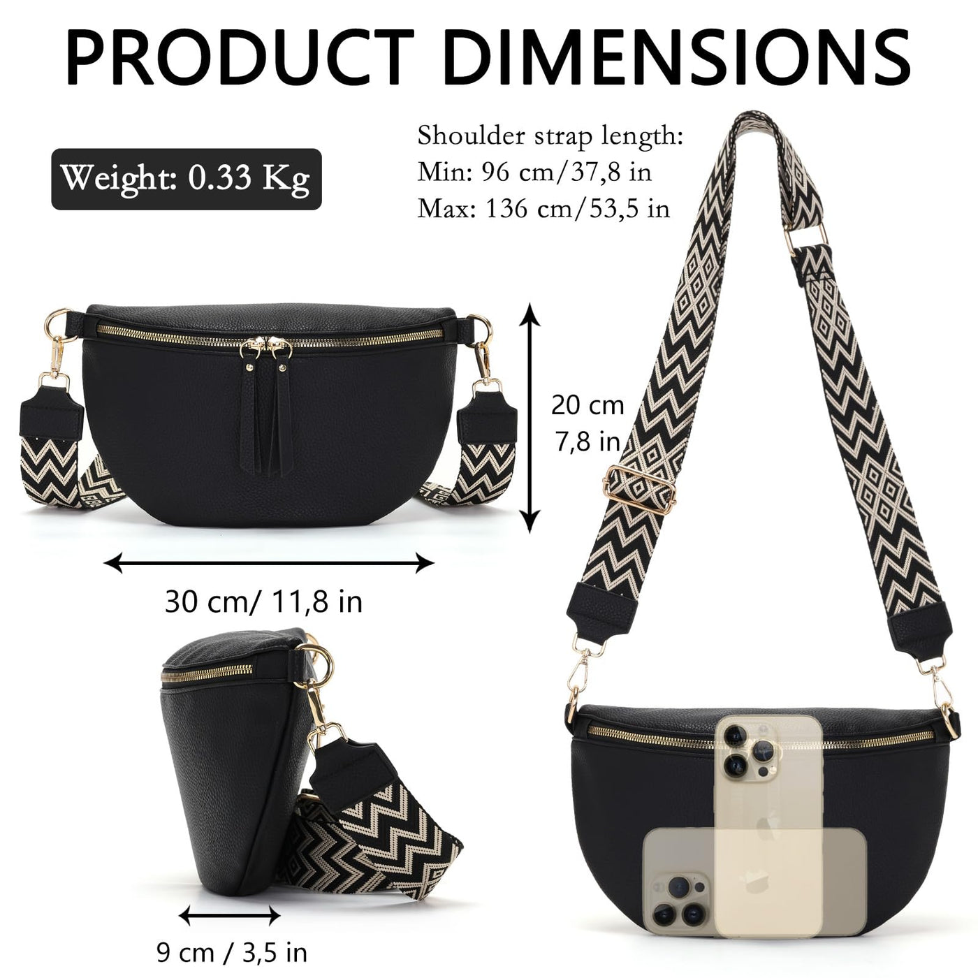 Grand sac banane en cuir végétal sac à bandoulière sac à bandoulière stylisé avec une large sangle