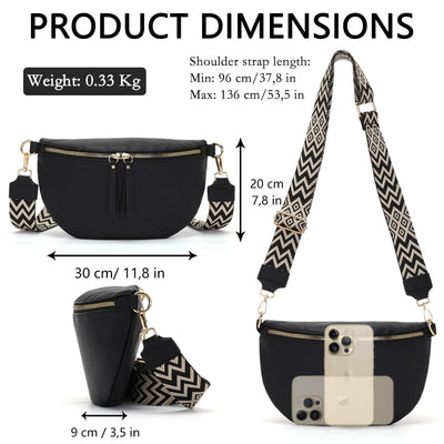 Grand sac banane en cuir végétal sac à bandoulière sac à bandoulière stylisé avec une large sangle