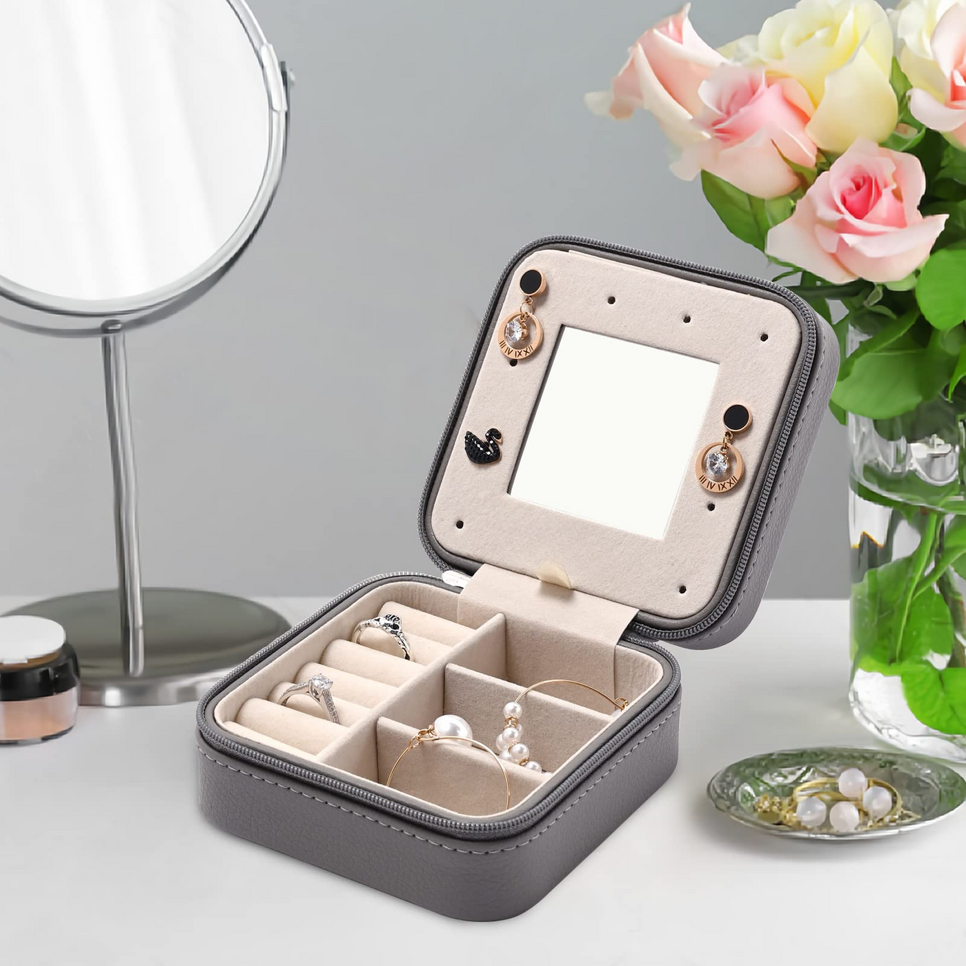 Travel Jewelry Box,Small Jewelry Box for Travel Jewelry Storage with Mirror,PU Leather Jewelry Box Jewelry Box