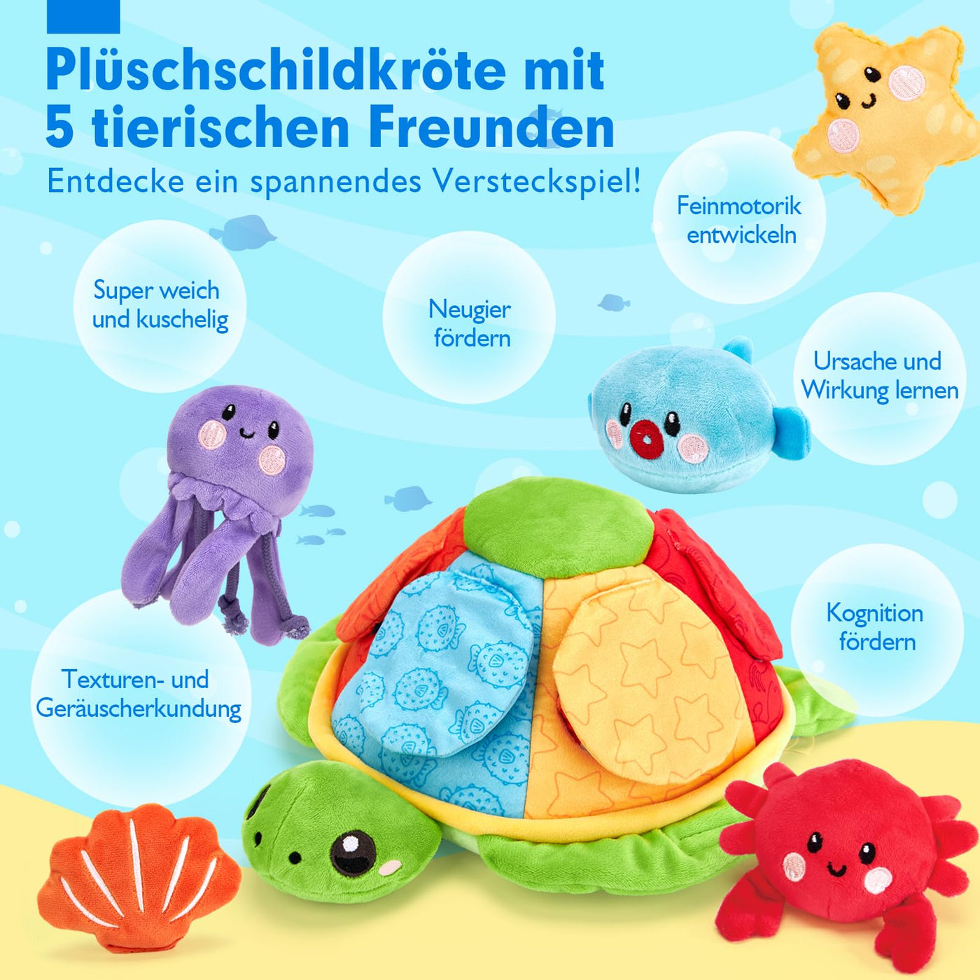 Jouet sensoriel en forme de tortue pour combiner les couleurs, les mots et les créatures marines