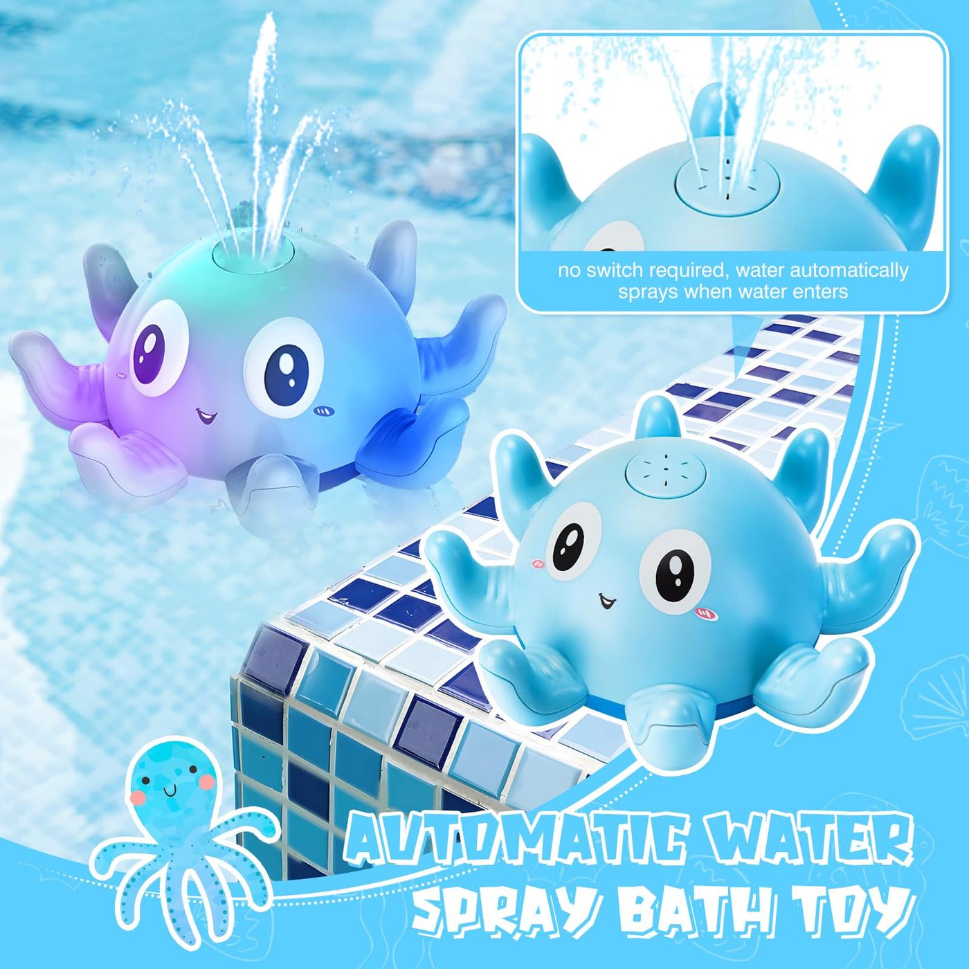 Jouet de bain Jouet d'eau pour enfants Jouet de bain étanche double avec lumière LED Octopus Whale Induction Automatic Water Jet Luminous for Toddler