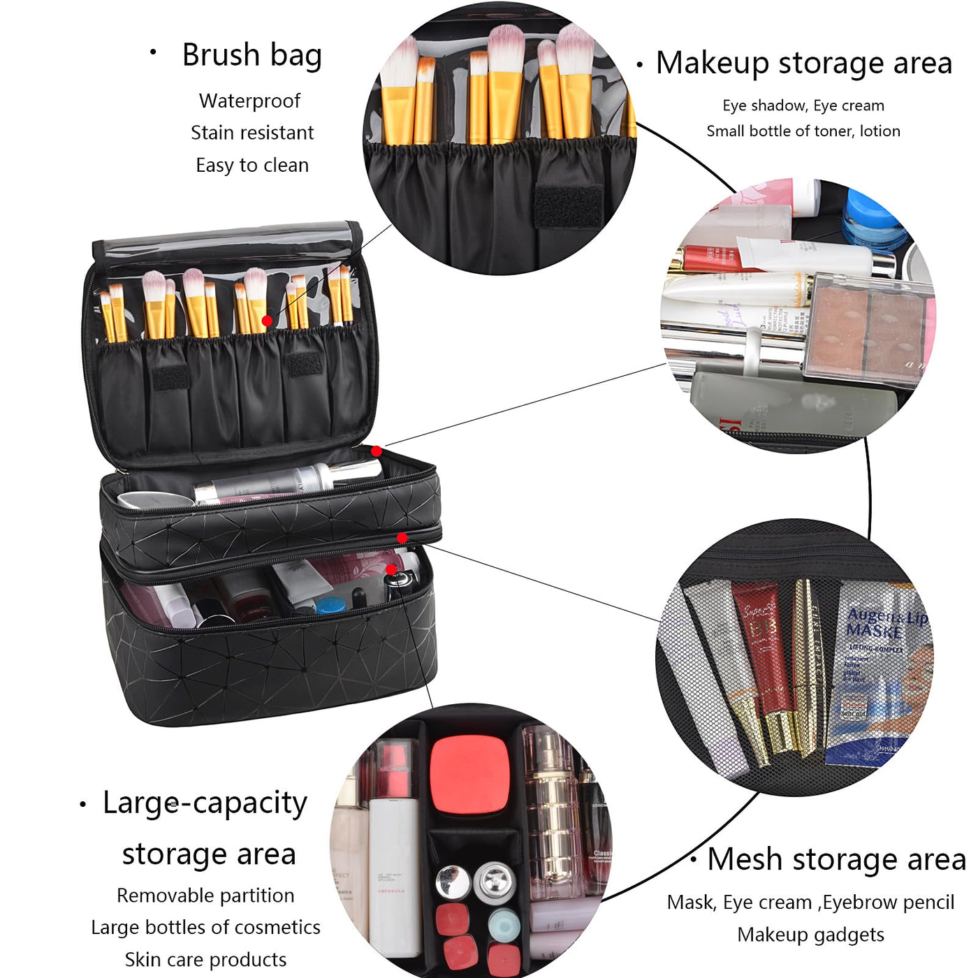 Sac à cosmétiques grand format - trousse de toilette imperméable avec pochette pour brosse et séparateur