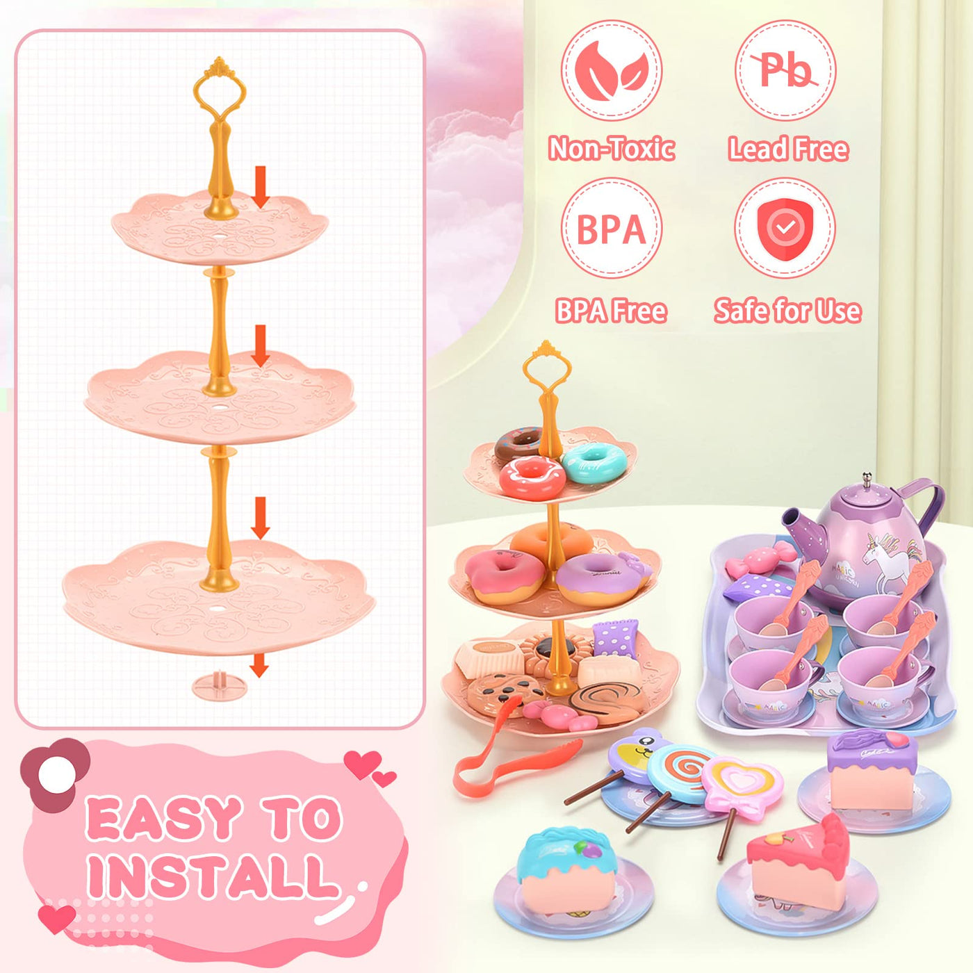 48-teiliges Teeservice für Kinder aus Metall, Teeservice für Kinder mit Einhornkoffer, Teeparty-Set für Kinder