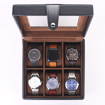 Boîte à montres à 6 compartiments avec couvercle en verre transparent et coussin en velours amovible