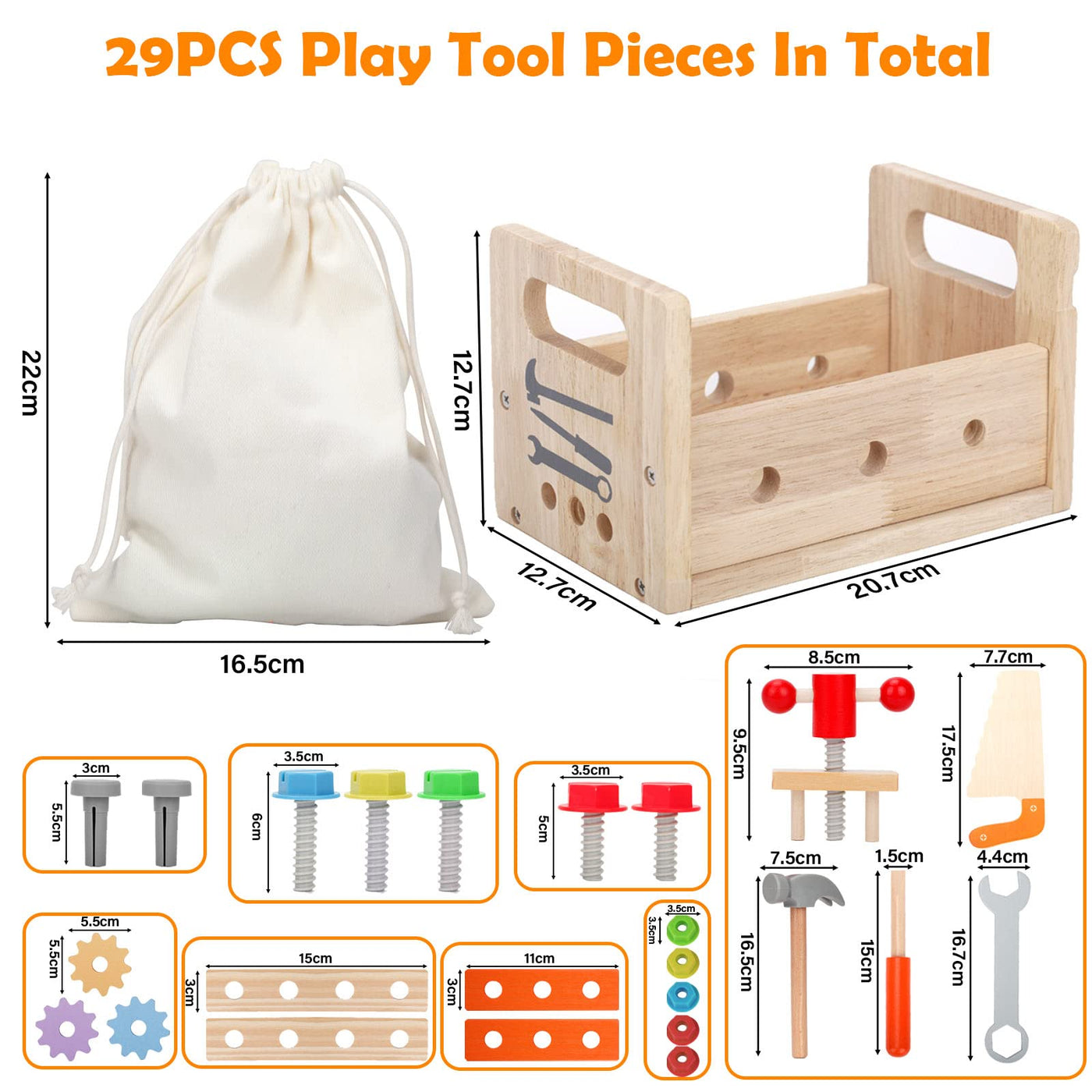 Wooden toy tool box for children, 29 pieces tool children wooden construction kit, DIY tool box