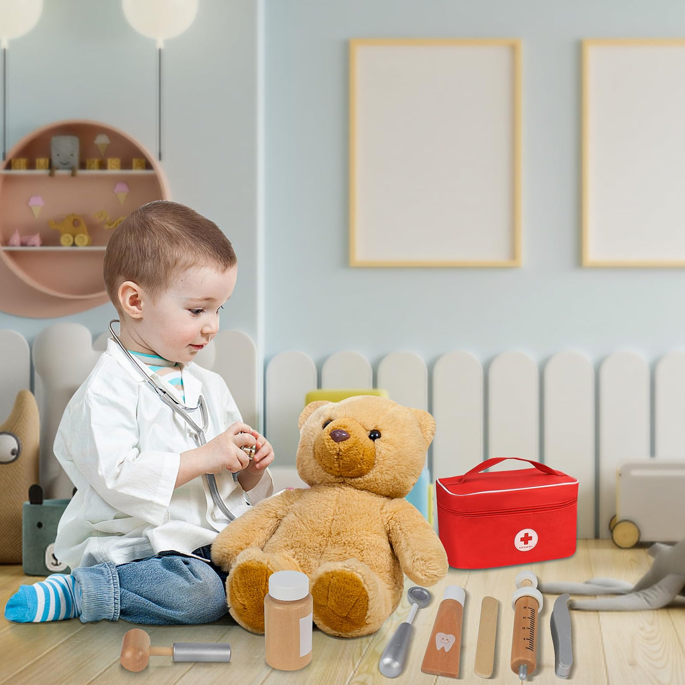 Doctor's case children's wooden play set - With real stethoscope, doctor's coat and doctor's bag in red, perfect for role-playing dentist