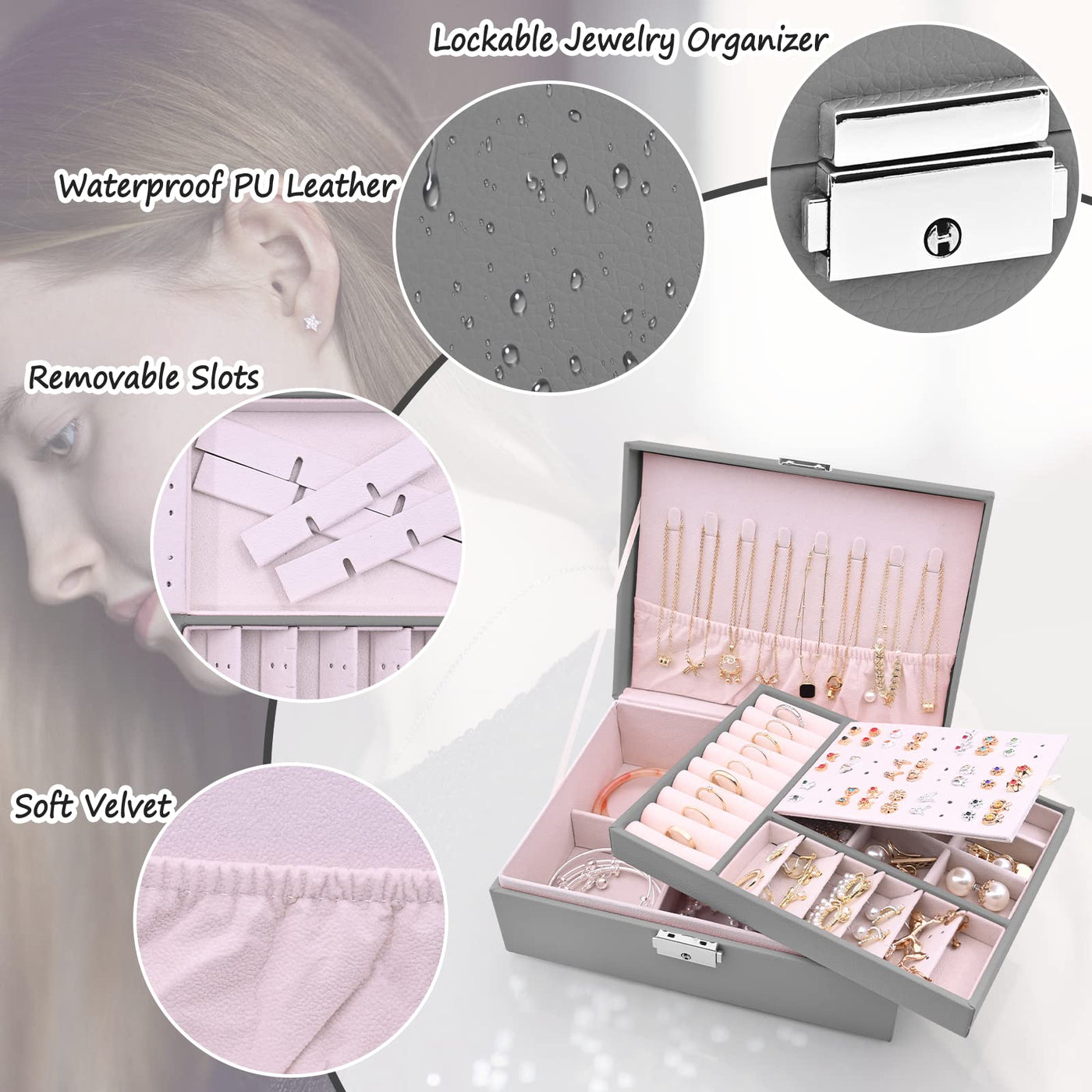 Jewelry box 2 layers pu-leather jewelry storage Portable lockable travel jewelry box