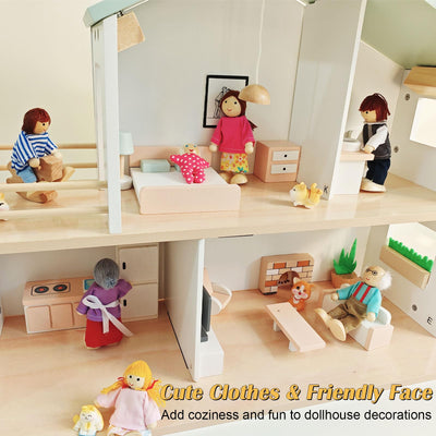 Figurines de Maison de Poupées 11 Pièces Poupées en Bois Famille Pliant des Poupées avec Chat et Chien pour Accessoires de Maison de Poupée