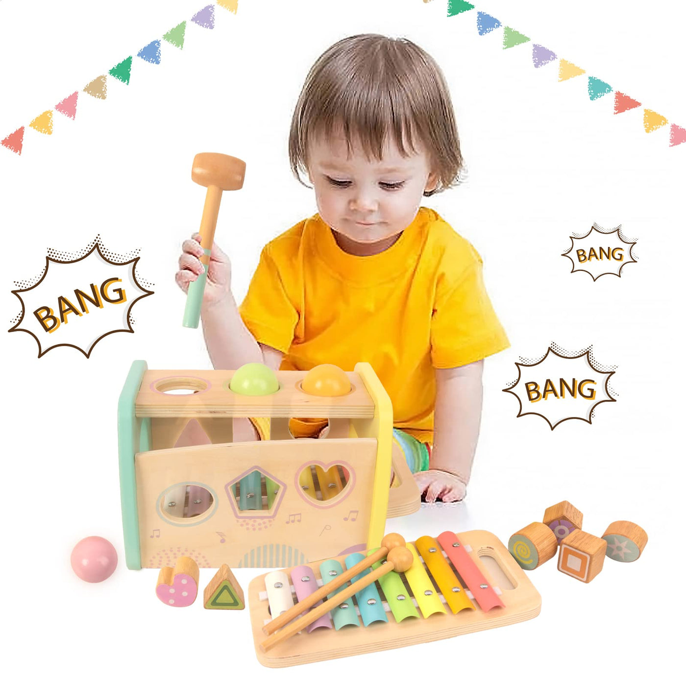 Xylophone et marteau, 3 en 1 jouet musical éducatif pour les enfants d'âge préscolaire jouet en bois jouet éducatif jouet pour la motricité