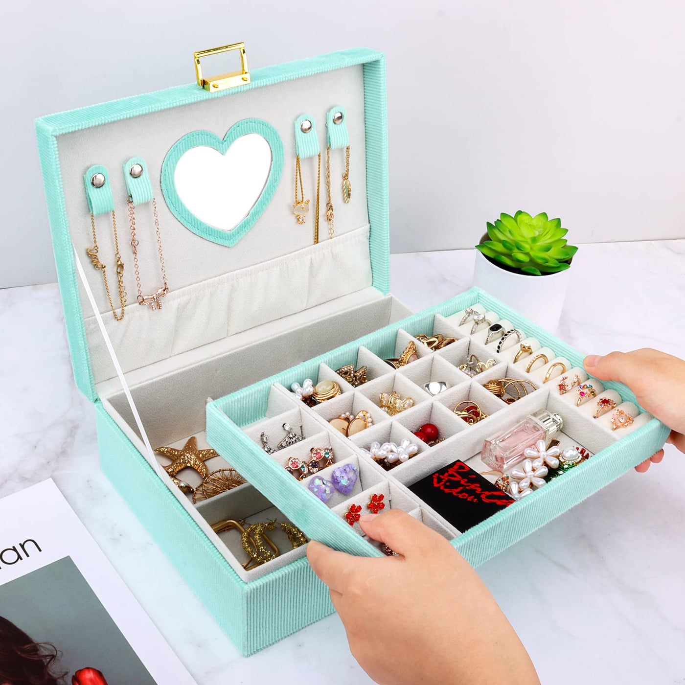 Boîte à bijoux, grande boîte à bijoux avec miroir pour boîte à bijoux en velours