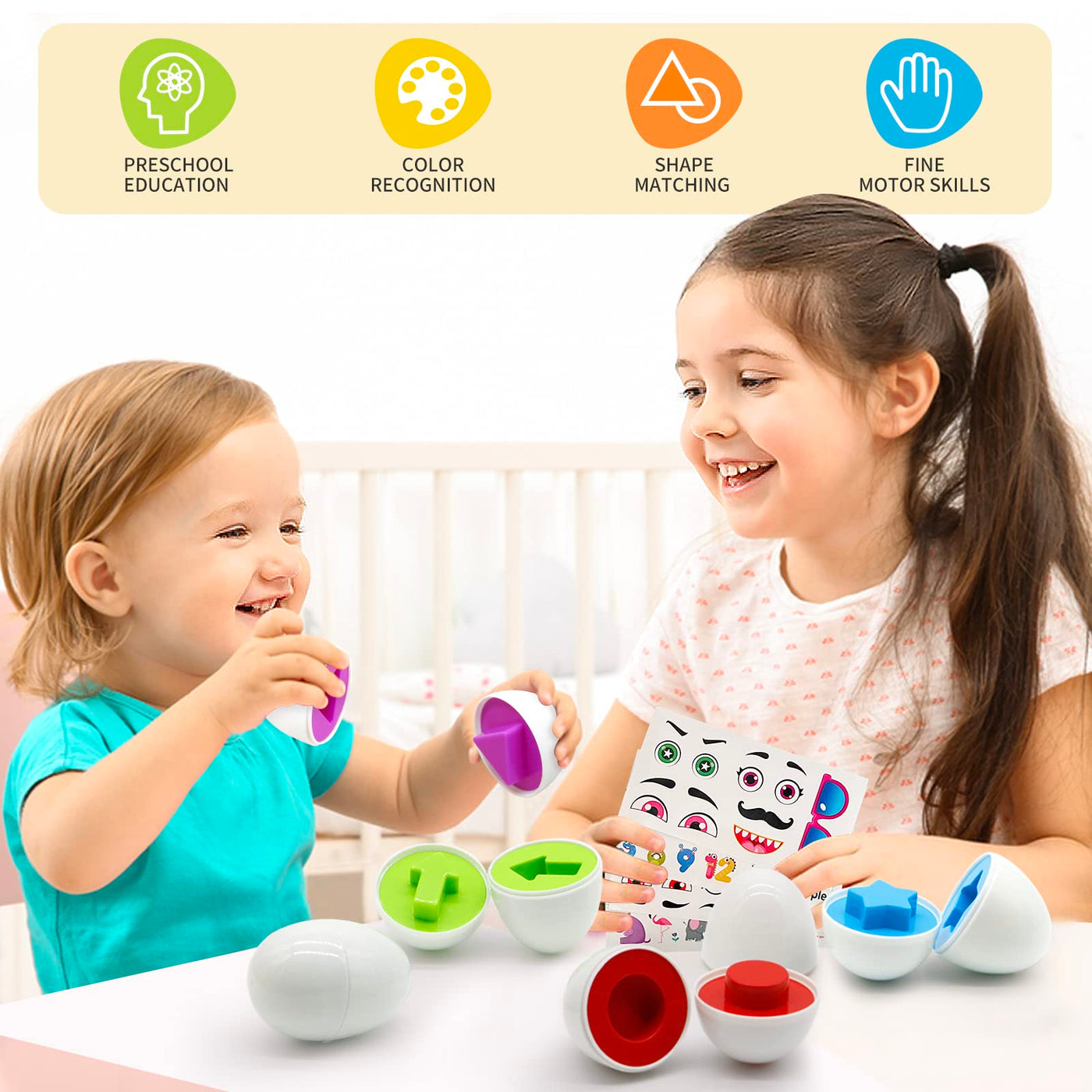 Matching Eggs for Toddlers,Egg Toys 6 Pcs Color & Shape Sorting Recognition Eggs, Early Learning Fine Motor Skill