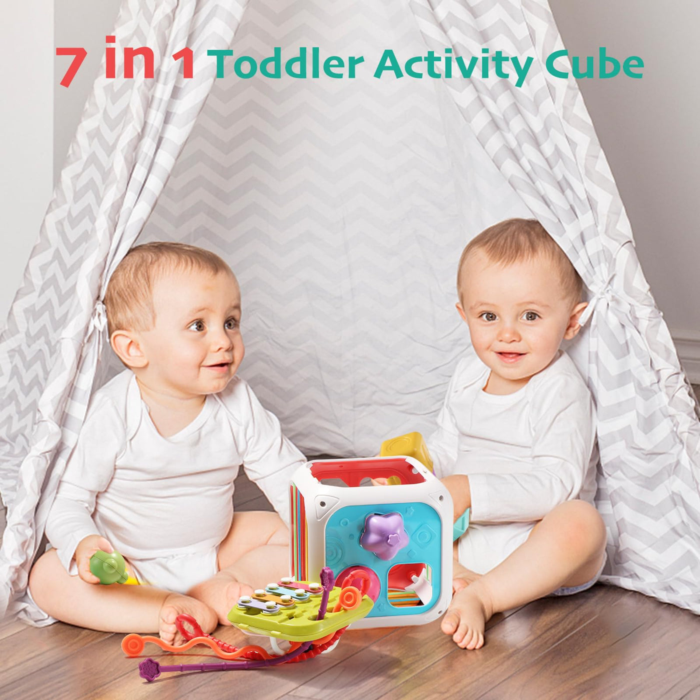 Activity cube 7-in-1 toddlers, motor skills cube sensory toy, baby toy and 6 multi-sensory shapes stacking board