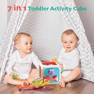 Activity cube 7-in-1 toddlers, motor skills cube sensory toy, baby toy and 6 multi-sensory shapes stacking board