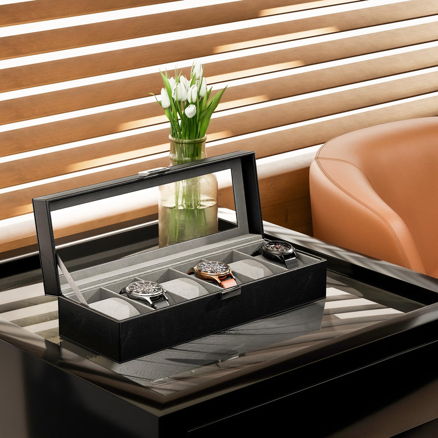 Boîte à montres avec 6 compartiments, boîte à montres avec couvercle en verre, boîte à montres avec coussin pour montres, rangement pour montres