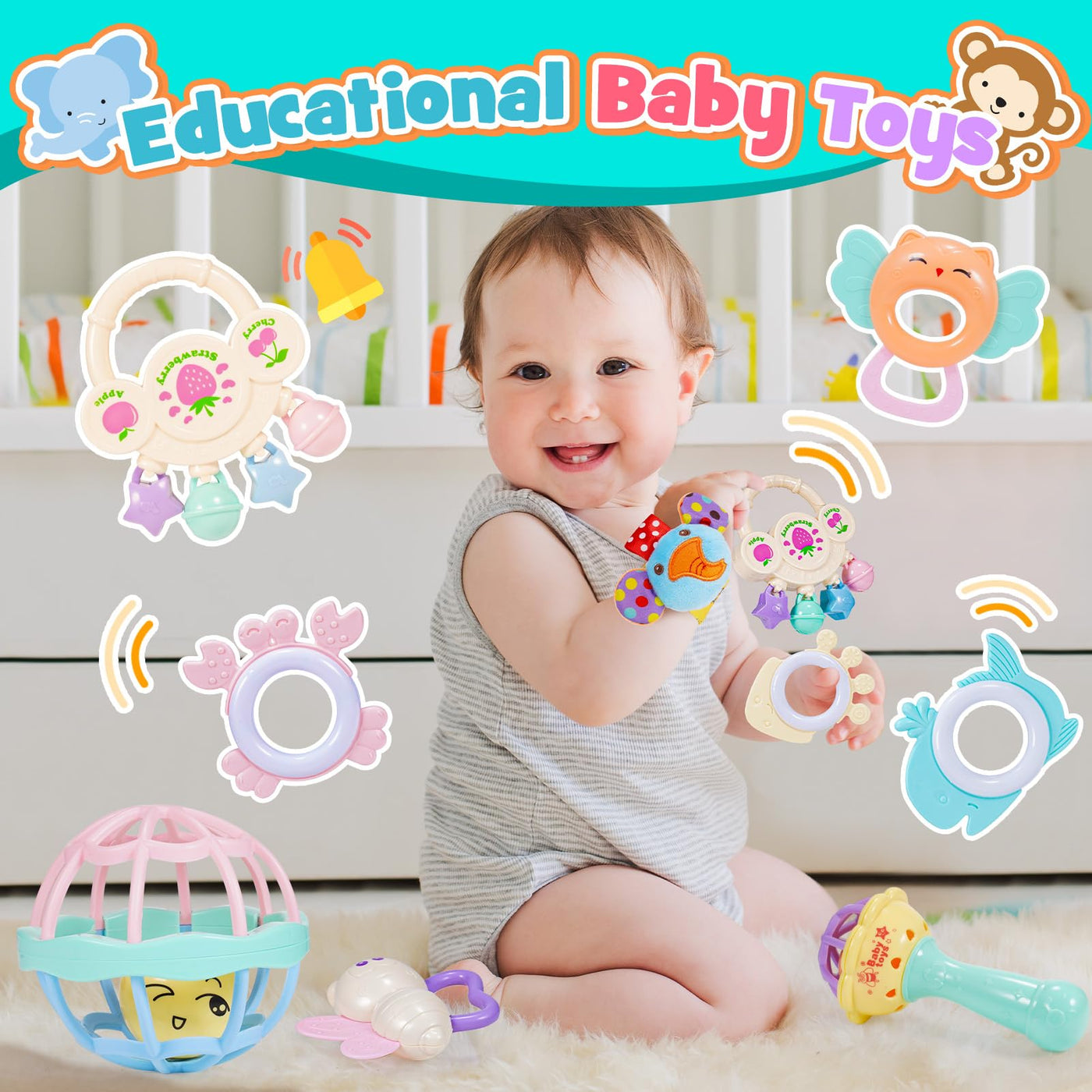 Jouets pour Bébés 14 Pièces Hochets Ensemble de Dentition Jouets pour Bébés