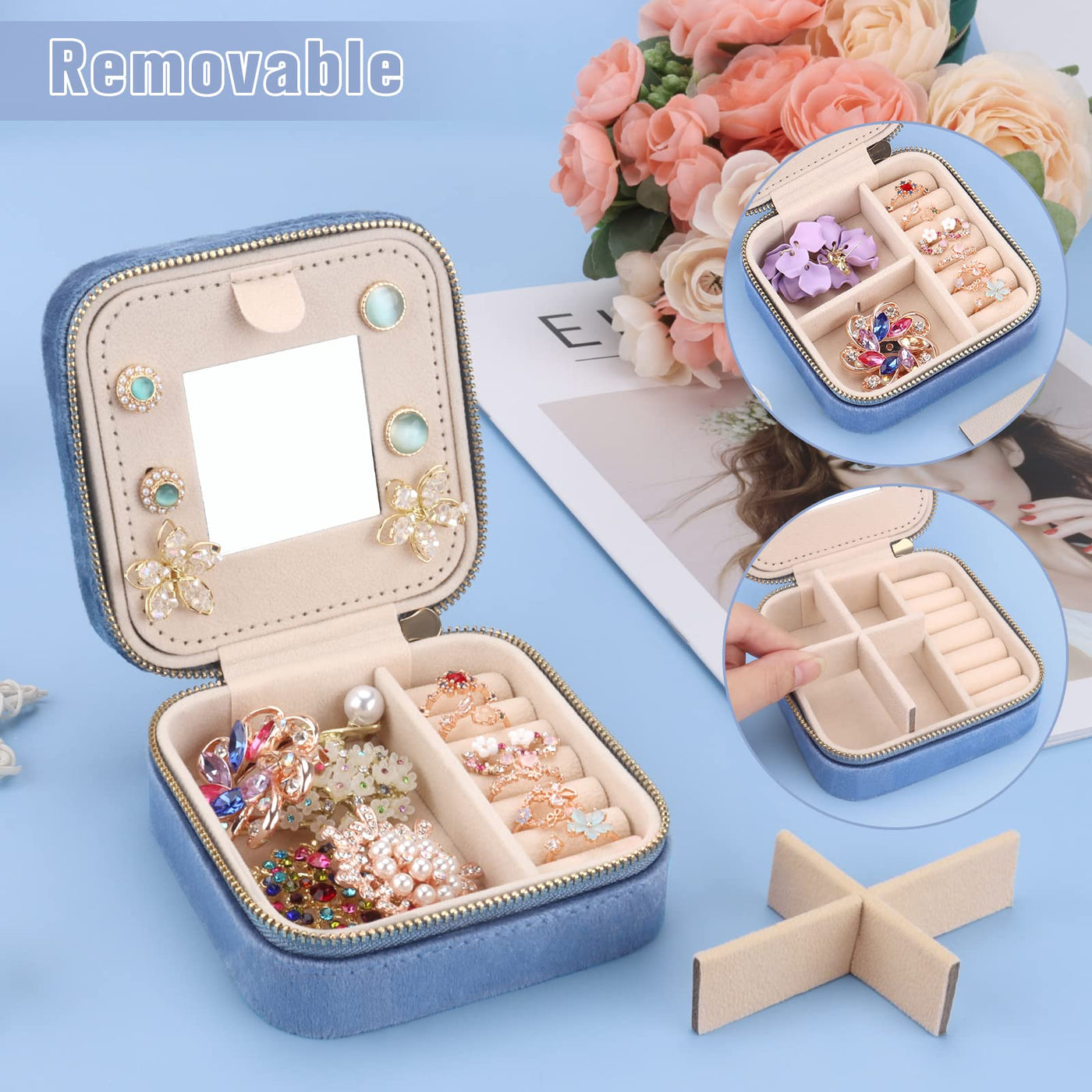 Petite boîte à bijoux de voyage en velours avec miroir, Petite boîte à bijoux organizer