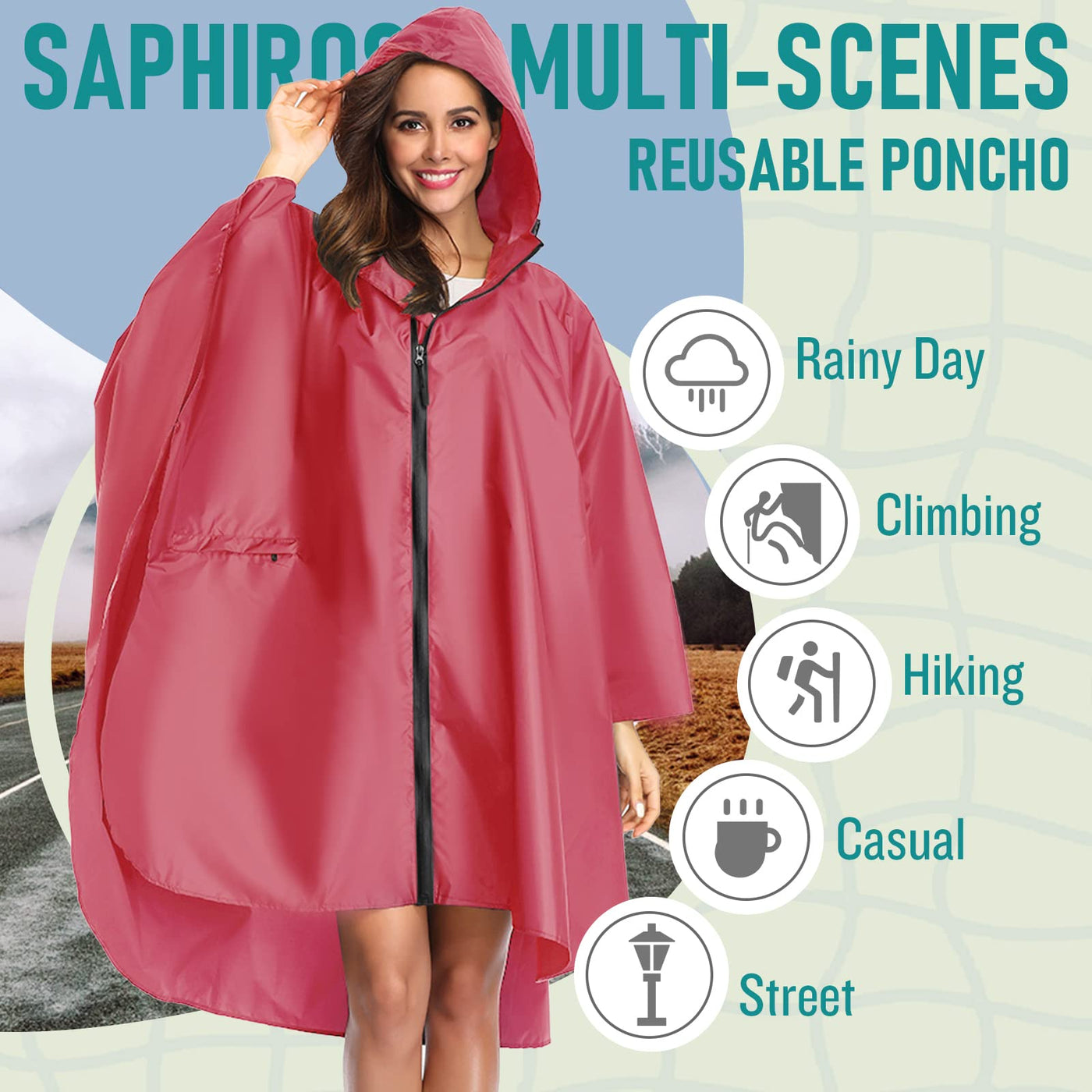 Rain cape with hood zipper, reusable raincoat, rain poncho bike hiking