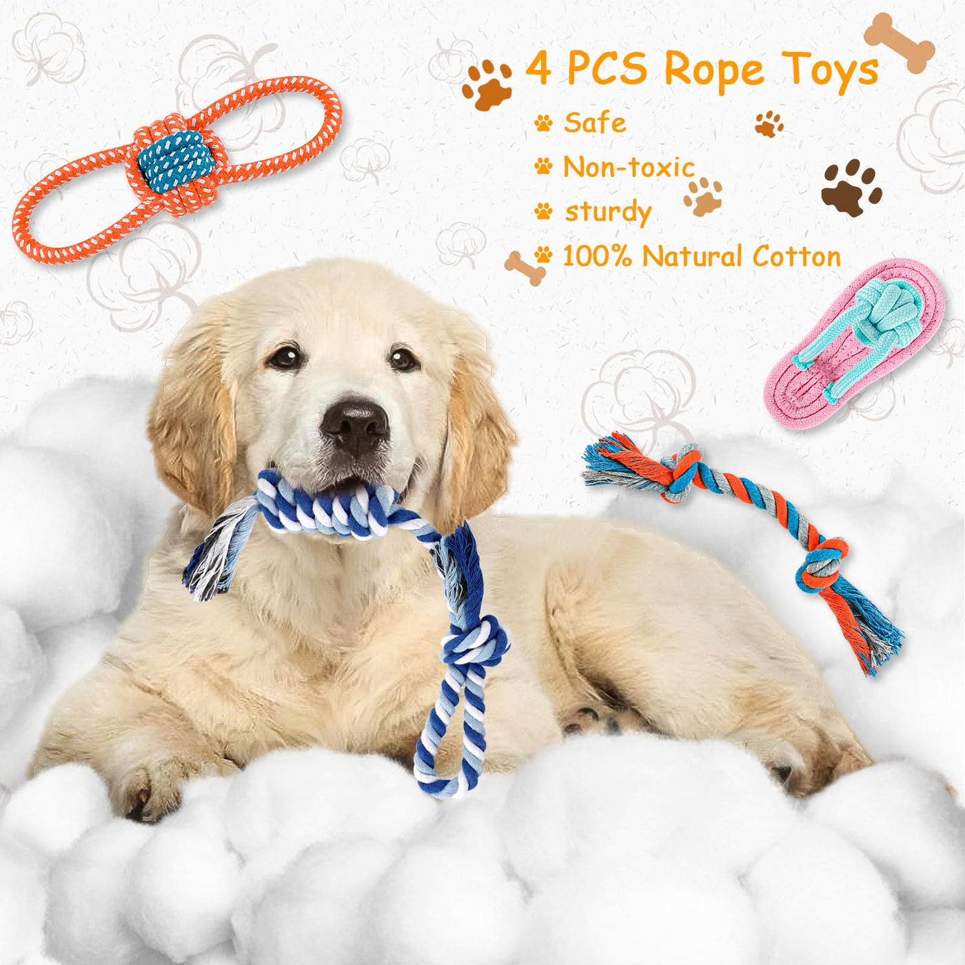 Lot de 8 Cordes pour Chien en Peluche Grinçantes, Jouet pour Chiot, Petits Chiots, Lavables, en Coton Naturel et Non Toxiques