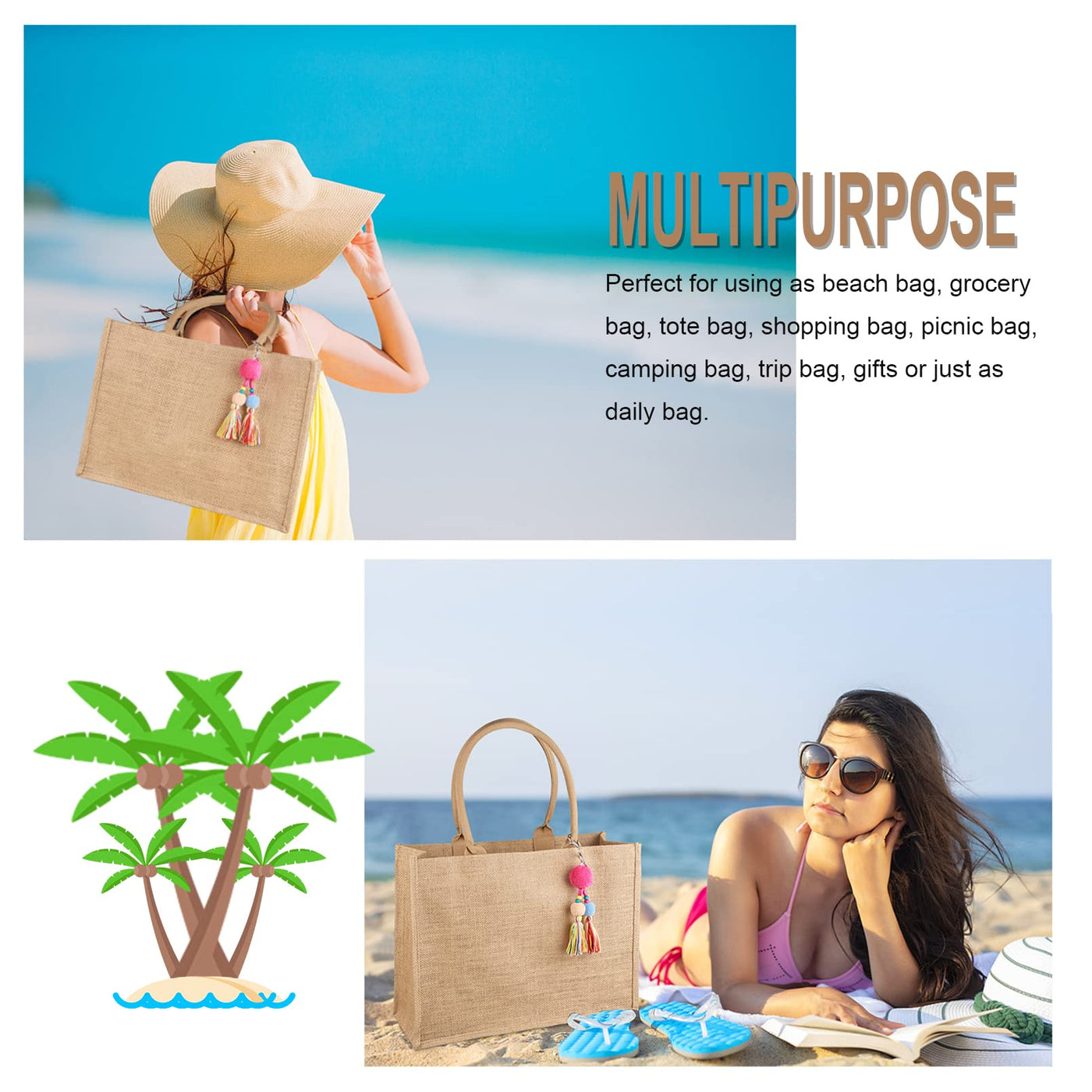 Jute Bag Shopper, Large Jute Bag Beach Bag Foldable Waterproof Shopping Bags Handbag for Picnic Travel Shopping Beach and Everyday Life