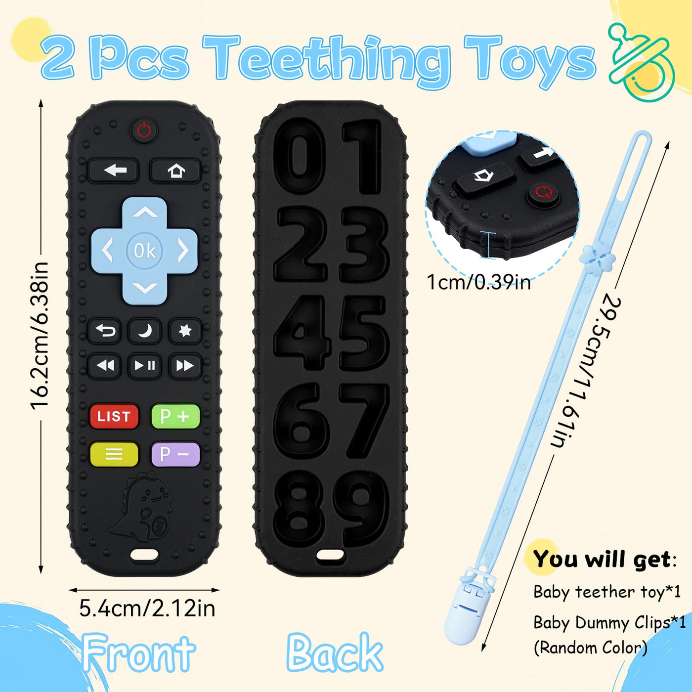 Dentition pour bébé avec télécommande, aide à la dentition en silicone sans BPA avec chaîne de tétine en silicone pour bébé