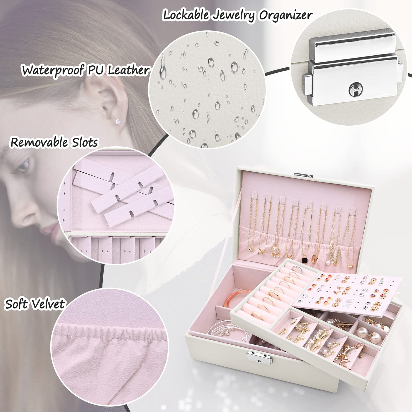 Jewelry box 2 layers pu-leather jewelry storage Portable lockable travel jewelry box