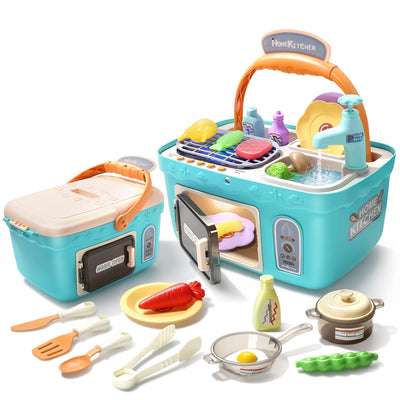 Kinderküchenspielzeug Picknick-Set, tragbares Picknickkorb-Spielzeug mit Musik und Lichtern, farbwechselndes Spielfutter, Küchenspüle, Küchenspiel