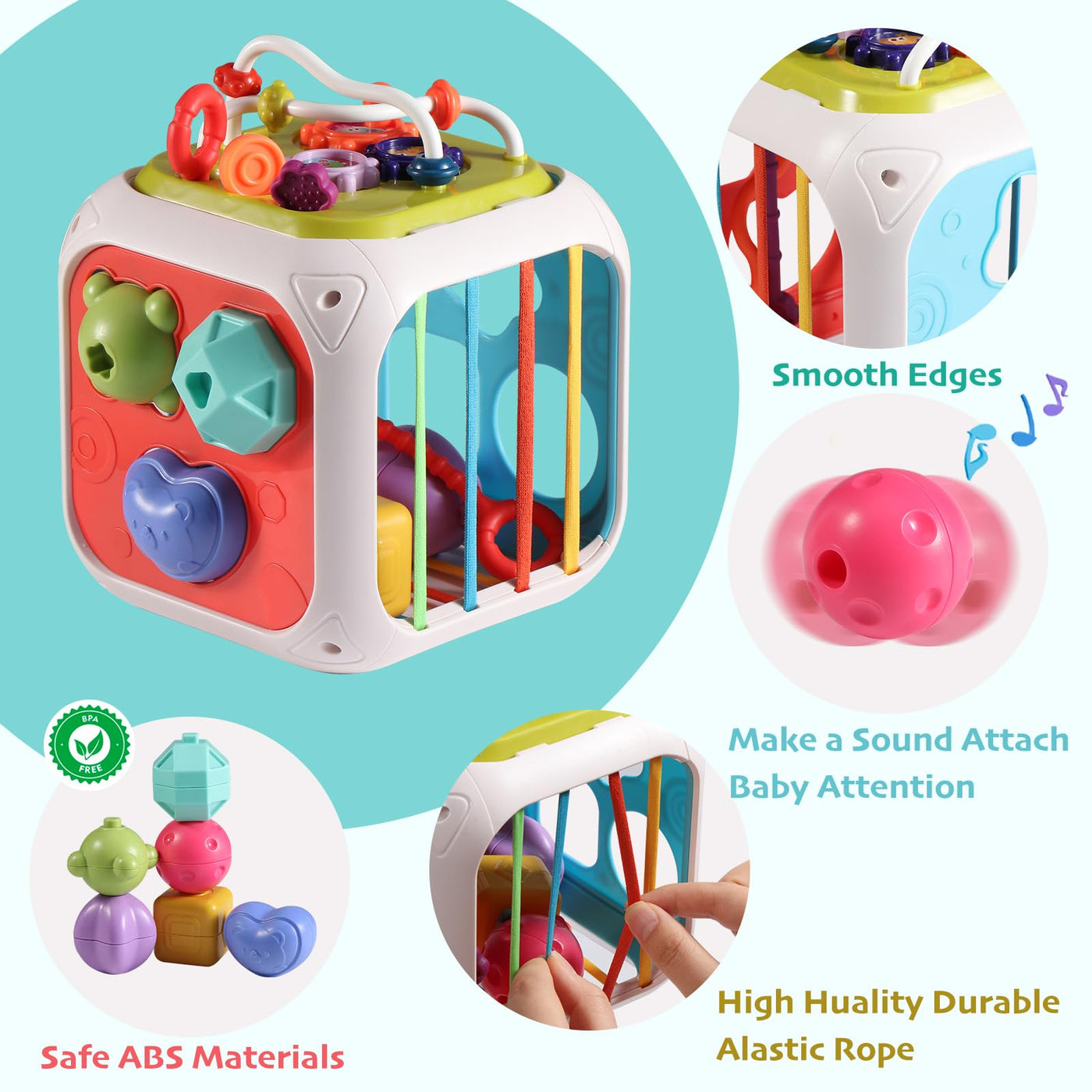 Activity cube 7-in-1 toddlers, motor skills cube sensory toy, baby toy and 6 multi-sensory shapes stacking board