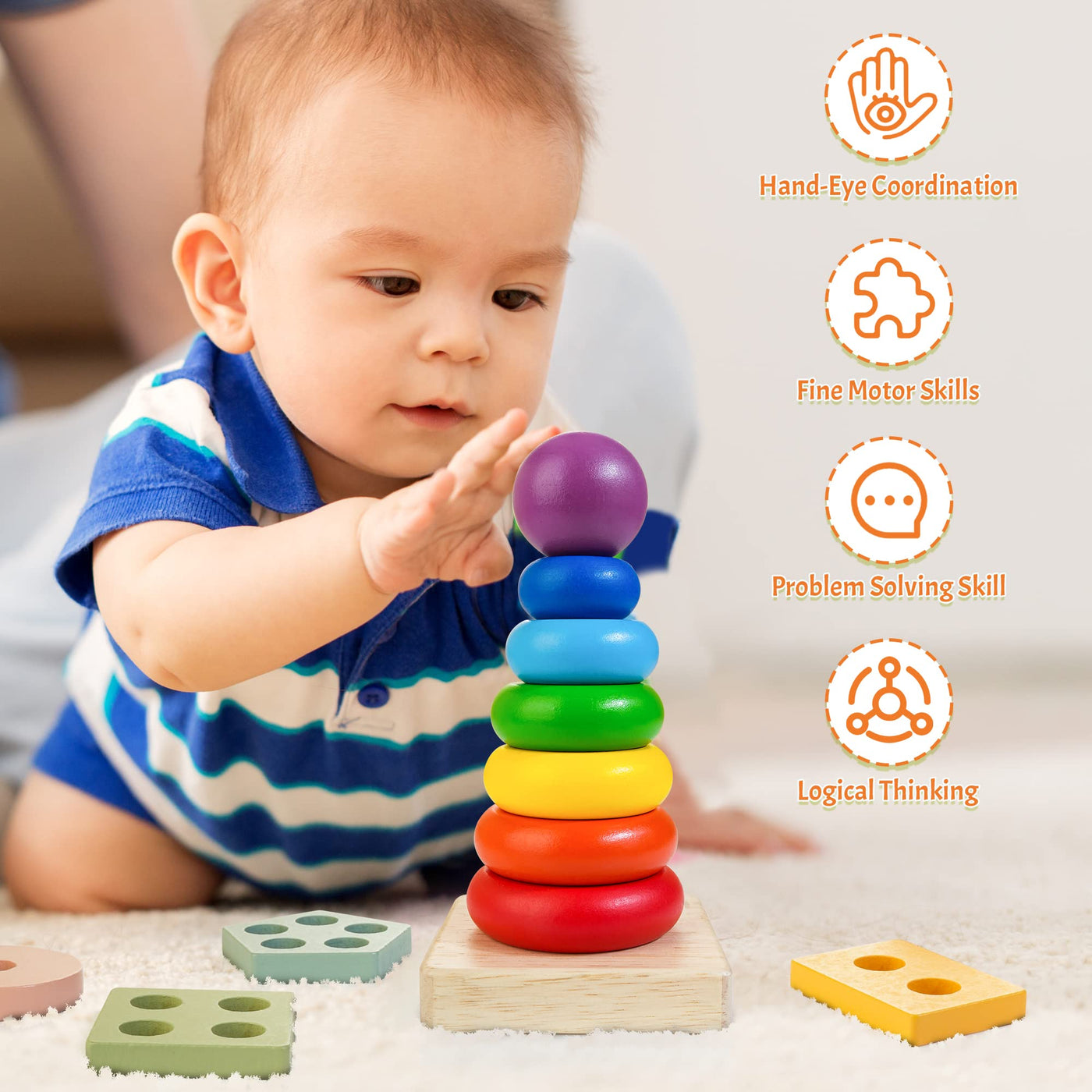 Wooden shape sorter educational toy for toddlers Stacking blocks Motor skills toy