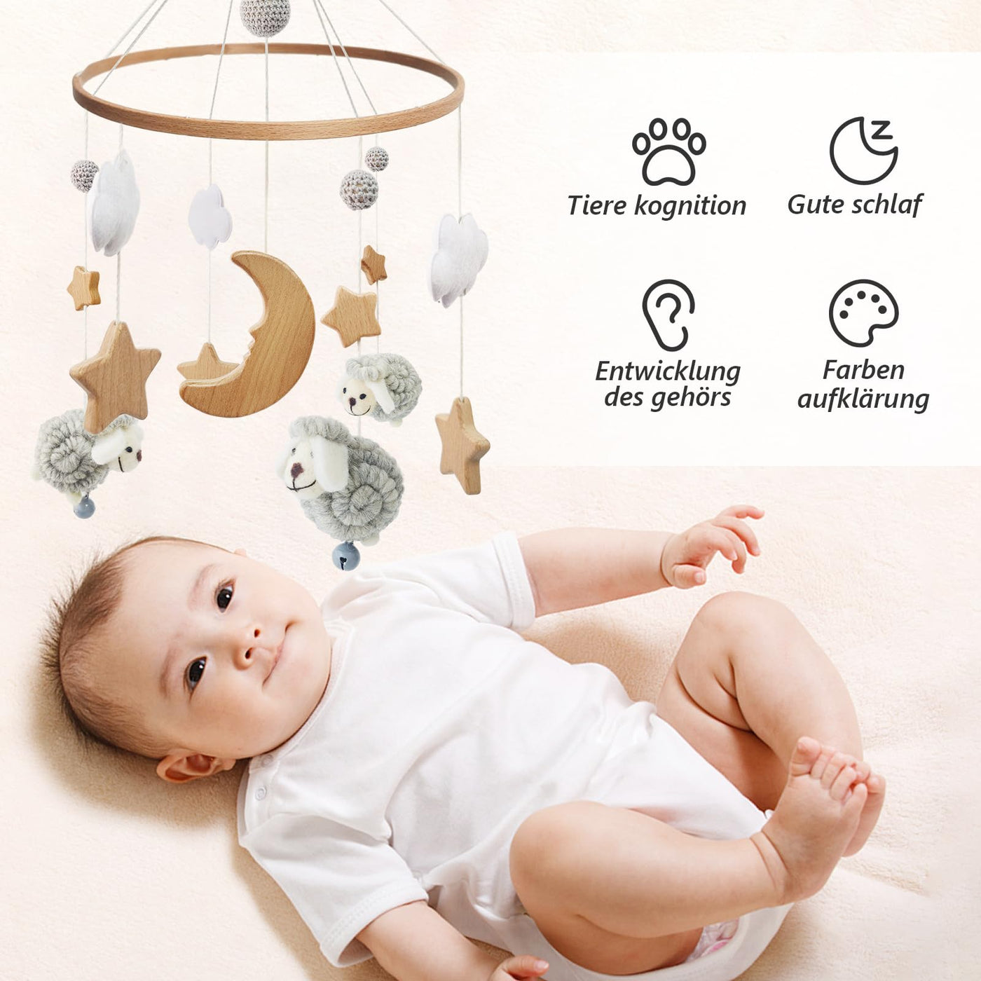 Mobile Babybettchen Glocke Windspiel Baby mit Wolken Sterne