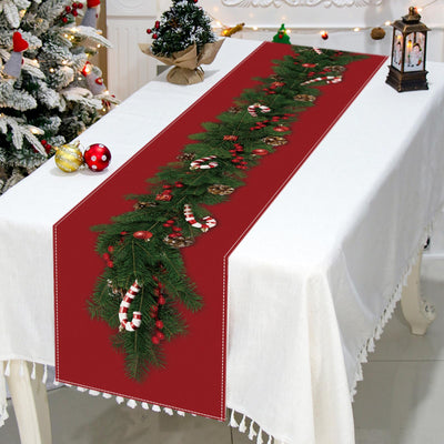 Christmas Table Runner Linen with Flowers Christmas Tree Bells Print, Long Rectangular Christmas Tablecloth for Christmas Dinner Table Decoration