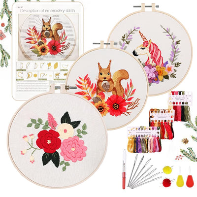 Beginner embroidery kit embroidery kit, floral design plants cross stitch kit starter tools kit with 3 pieces plastic embroidery hoop, for DIY art, craft